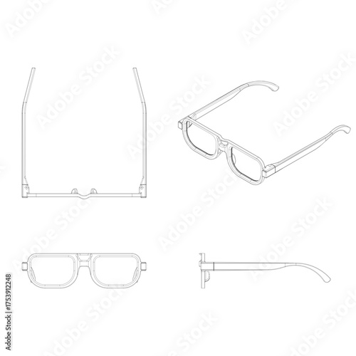 A minimalistic line-art illustration of eyeglasses shown from multiple angles, including front, side, top, and perspective views