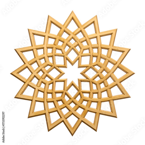 Geometric wooden ornament features an intricate star pattern.