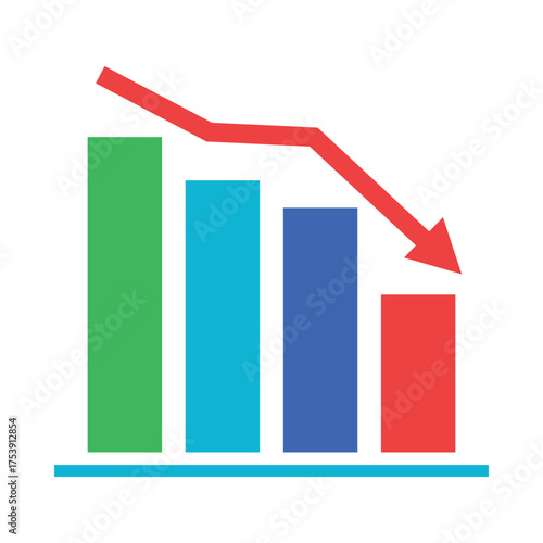 Business bar chart showing downward trend with red arrow indicating decline vector