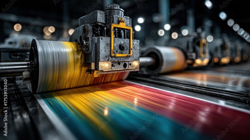 Fototapeta premium High-speed printing machine in operation, industrial printing process close-up shot