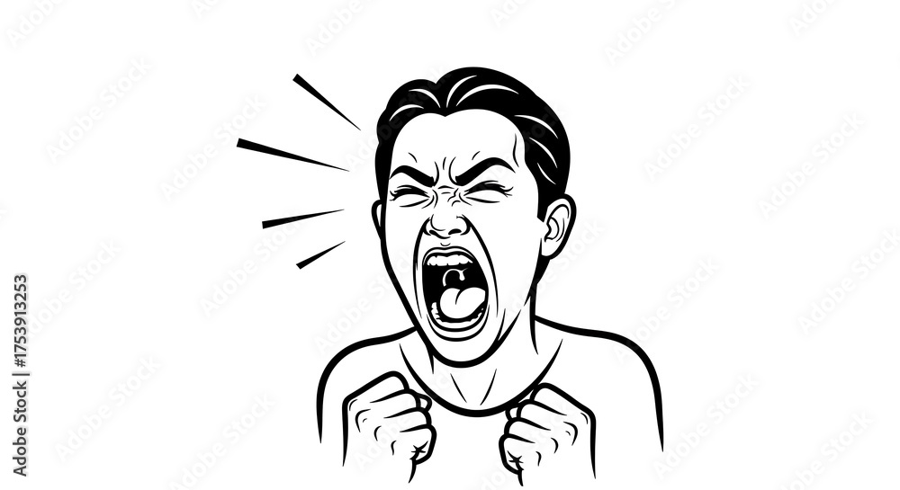 Obraz premium Angry man shouting illustration in black and white