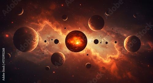A vibrant cosmic scene depicts planets, moons, and a radiant nebula, bathed in warm tones