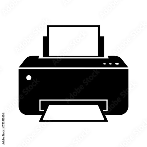 Illustration of a black printer with paper inside and coming out on a white background simple design
