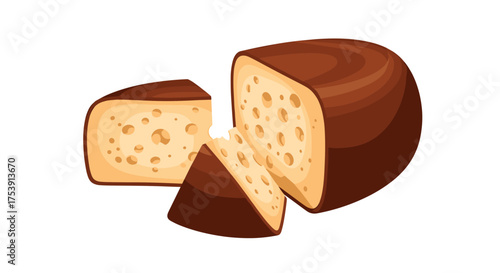 A delicious round of cheese with one slice removed and two pieces cut from the side.