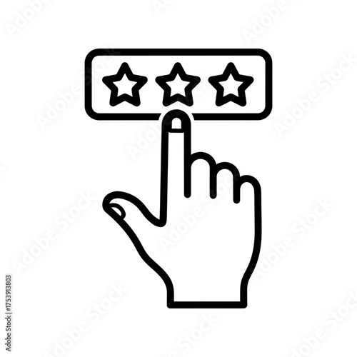 Hand touching a star on a rating bar with three stars in a black and white line drawing style illustration