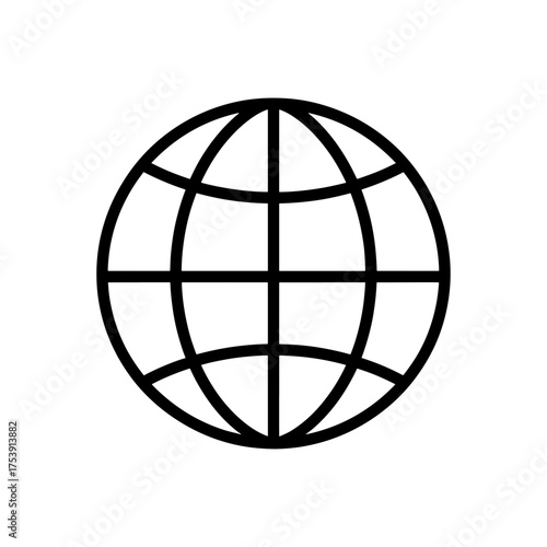 A simple black and white outline of a globe with latitude and longitude lines on a white background design
