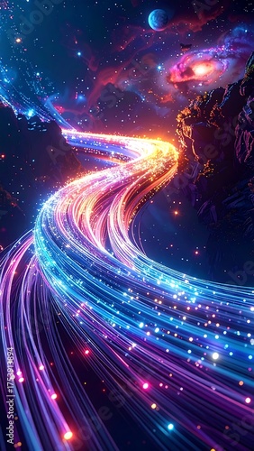 A vibrant cosmic river flows through space towards a cliff, beneath stars and distant planets