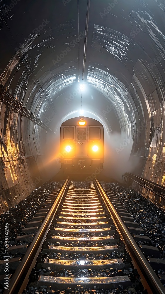 Obraz premium A train emerges from a dark tunnel, its headlights piercing through the mist. The tracks lead into the unknown