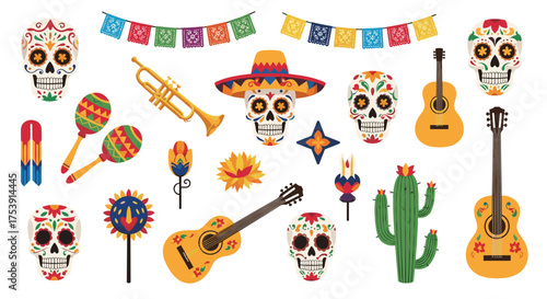 Colorful illustrations of traditional Mexican Day of the Dead symbols and decorations.