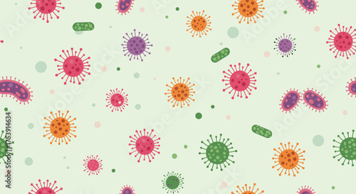 A colorful collection of diverse microorganisms and viruses scattered across a light green background.