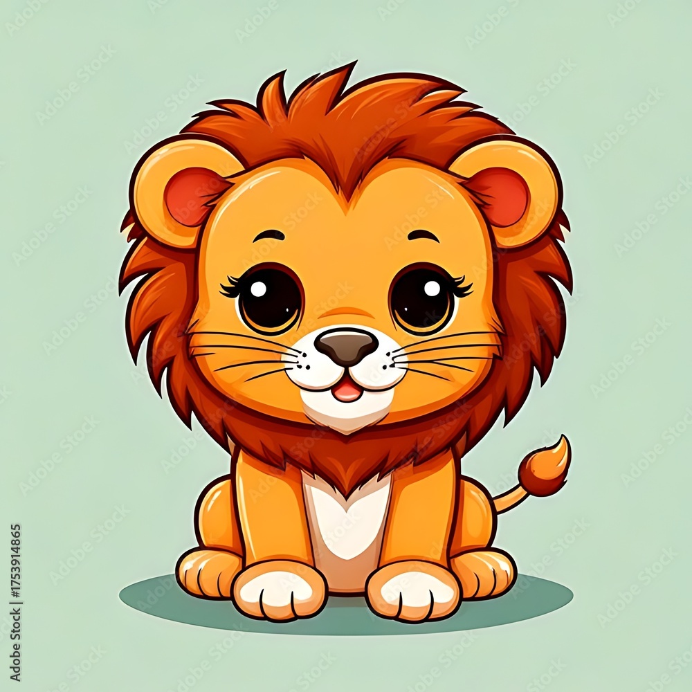 Fototapeta premium A cute cartoon lion cub with large eyes, a friendly expression