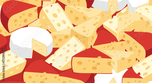 A delicious assortment of various cheeses including swiss and brie cheese wedges.