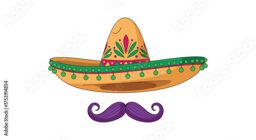 A colorful sombrero and a festive purple mustache are presented on a white background.