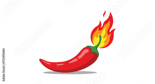 A bright red chili pepper is on fire with a vibrant orange and yellow flame.