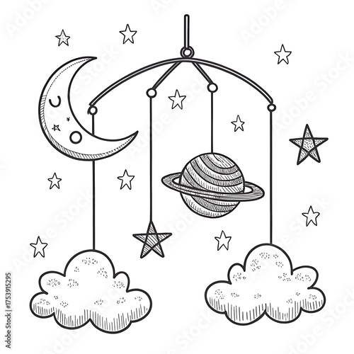Hand drawn celestial baby mobile with moon stars planet and clouds