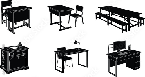Black silhouette vector illustration of school desks, chairs, tables, office desk, classroom furniture, study desk, workstation, student table, teacher desk