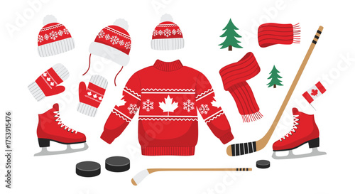 Canadian winter sports equipment including hockey skates pucks and apparel.