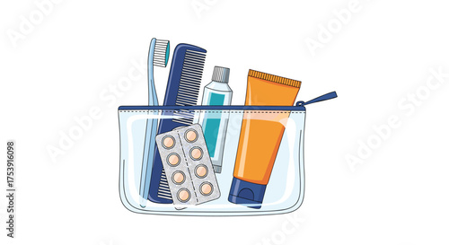 A clear toiletry bag filled with personal care items for travel.