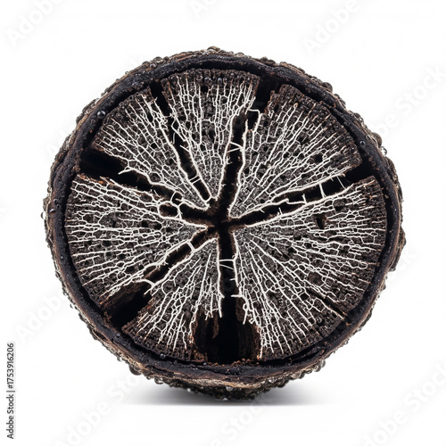 Close up macro view of a dried black lime cross section revealing intricate fibrous texture and seed structure isolated on white background