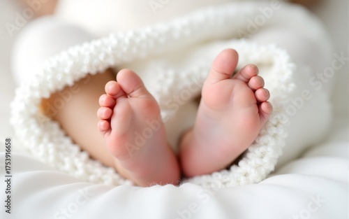 Adorable baby feet covered in a white blanket, maternity and babyhood concept. High quality