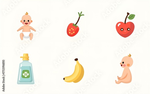 Set of cute baby nutrition and care icons flat vector illustration isolated. High quality