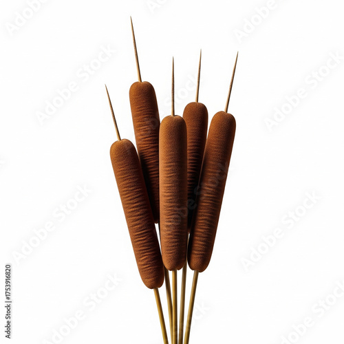 A cluster of five brown cattail flower heads with thin stems standing upright isolated on white background