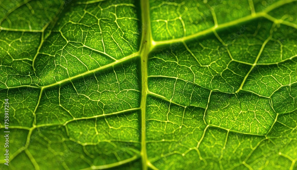 Fototapeta premium Intricate Green Leaf Veins Macro Detailed Closeup Shows Vascular System in Bright Studio Lighting Revealing Chlorophyll Rich Plant Cell Structure
