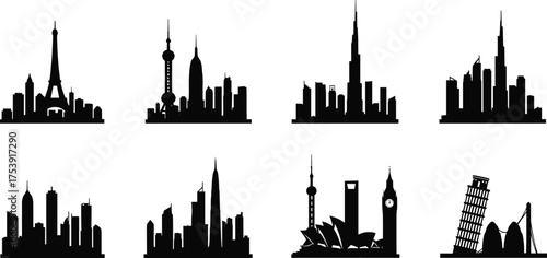 City skyline silhouettes, famous landmarks illustration, global architecture icons, black and white skylines, urban silhouette art, international cityscape design