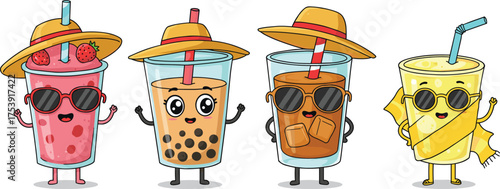 Cute cartoon summer drinks characters, bubble tea, smoothie, iced coffee, lemonade illustration, kawaii beverage vector art, funny refreshing drink mascots
