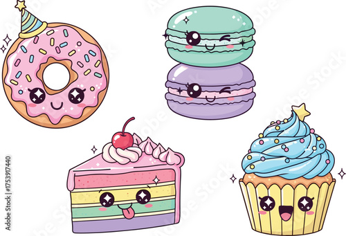 Cute kawaii donut macaron cupcake and cake characters, funny sweet dessert illustration, adorable pastry food vector, colorful happy design, white background