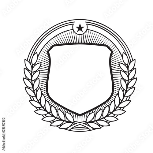 Circular Vintage Shield Badge Template with Laurel Wreath and Starburst Rays Vector