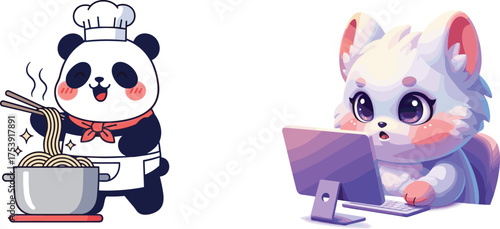 Cute panda chef cooking noodles and adorable white puppy working on computer, kawaii animal cartoon illustration for kids and design, vector