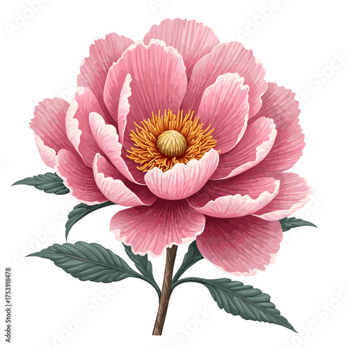A vibrant, detailed illustration of a large, fully bloomed pink peony flower with a textured center and green leaves.