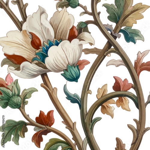Elaborate floral pattern with a prominent white flower against black.