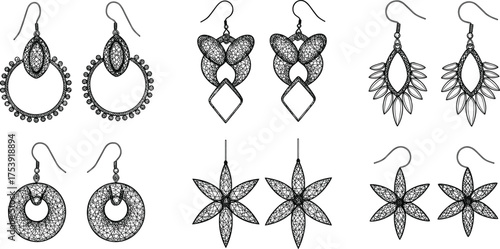 Elegant lace earrings vector collection, intricate jewelry design illustration, handmade fashion accessories, floral and geometric earring art, minimal black silhouette