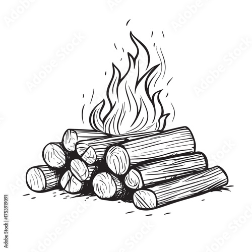 flat outline line art vector illustration of firewood stacked next to a blazing fire