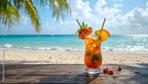 Tropical cocktail drink on beach background summer vacation refreshing beverage exotic destination getaway