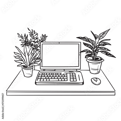 minimal outline vector illustration of keyboard in a workspace filled with plants
