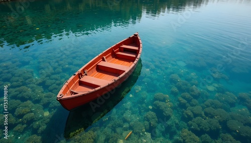 Solitary red boat on clear reflective lake with lush underwater vegetation