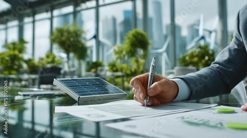 Businessman Signs Renewable Energy Contract in Modern Green Office with Solar Panel