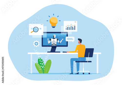 flat vector design concept business people working collaboration with AI. with a man sitting at a desk interacting with a robot display on a computer monitor. for data analysis  research and digital 