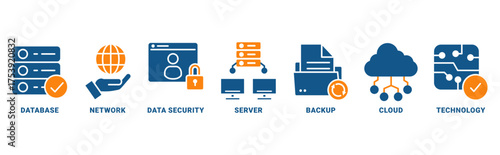 Data Center icon set vector concept with icon of database, network, data security, server, backup, cloud, technology 