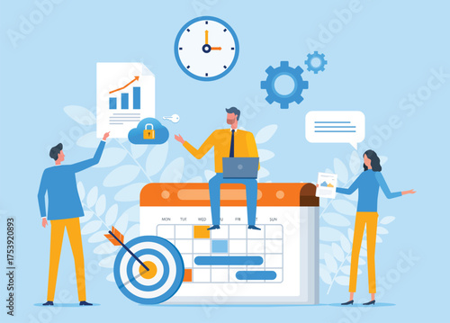 group business teamwork. people working and meeting for project planning concepts. flat vector illustration design concept. Business team working with calendar and graph analysis monitor
