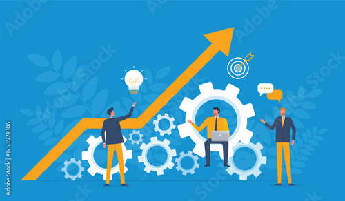 business team meeting for business finance investment growth. business teamwork working process. Cartoon Character action with Gear
