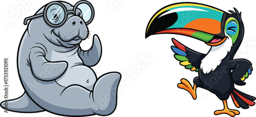 Funny cartoon manatee wearing glasses, happy toucan dancing with colorful wings, tropical bird and sea animal mascot vector illustration design