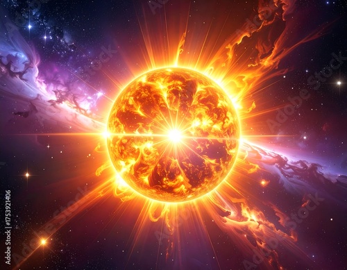 A vibrant depiction of a blazing star, radiating intense light, with colorful nebulas around