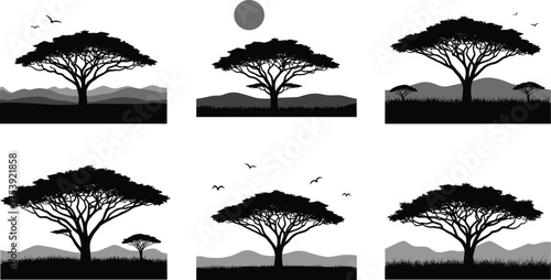 Acacia tree landscapes, black silhouette illustration, African savanna design, nature scenery concept, mountain and sun elements, minimal style, artistic layout, wildlife inspired composition