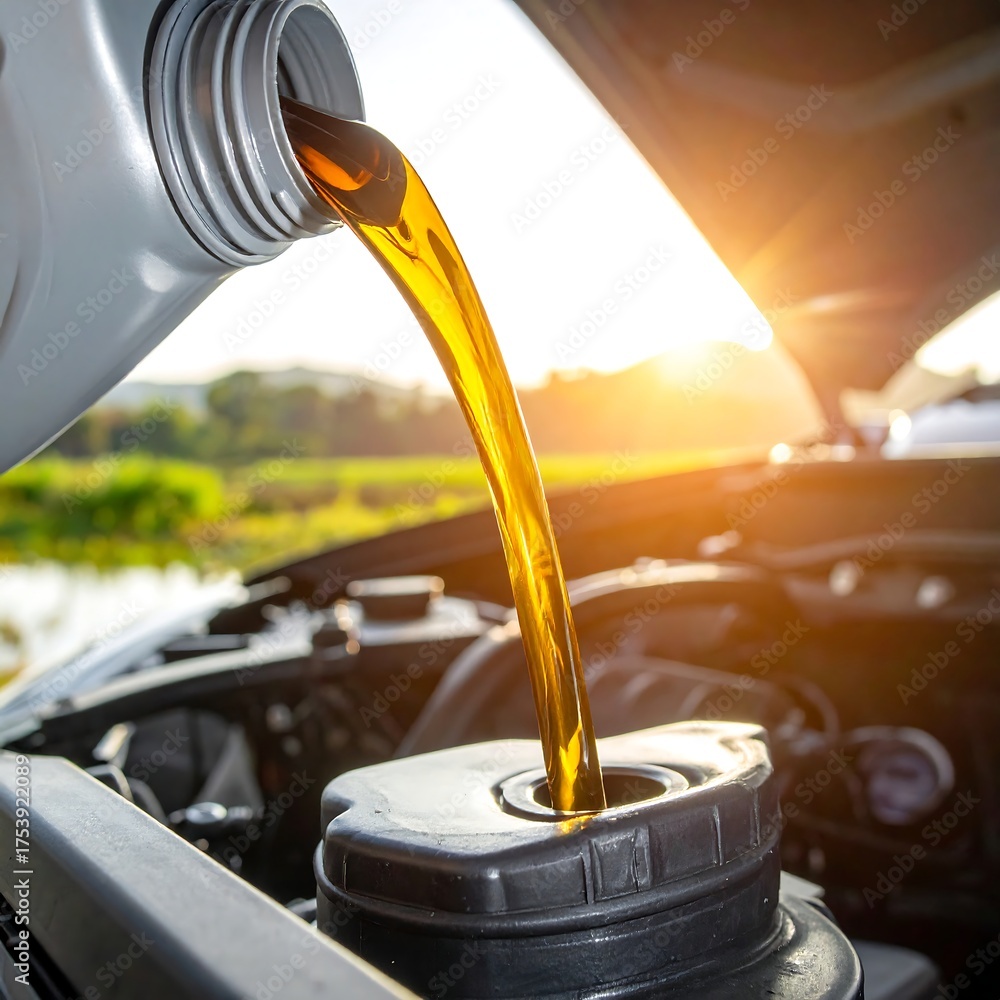 Pouring automotive fluid into vehicle engine, with sunny countryside background