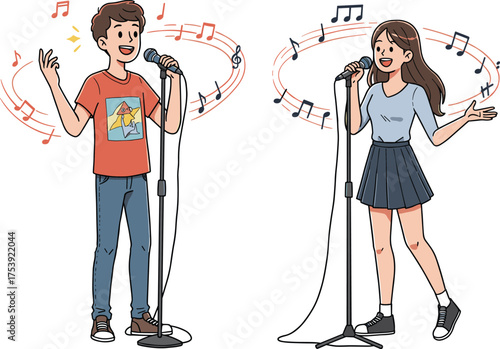 Animated duet performance, boy and girl singing, musical notes swirling, microphone stand setup, energetic expression, cartoon concert scene, joyful music moment, character illustration art