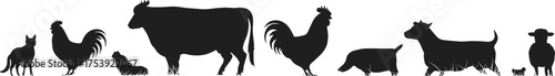 Animal silhouettes, domestic species, farm animals, black shapes, white background, cat, dog, pig, goat, cow, rooster, sheep, pet illustration, livestock design, lineup